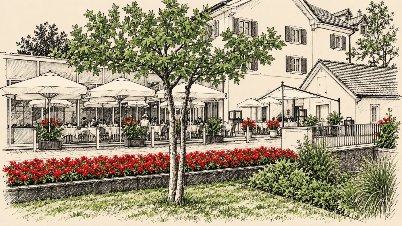Zeichnung der Gartenterrasse des LAGO in Horgen: weisse Sonnenschirme, rote Geranien und ein junger Baum vor dem Restaurant